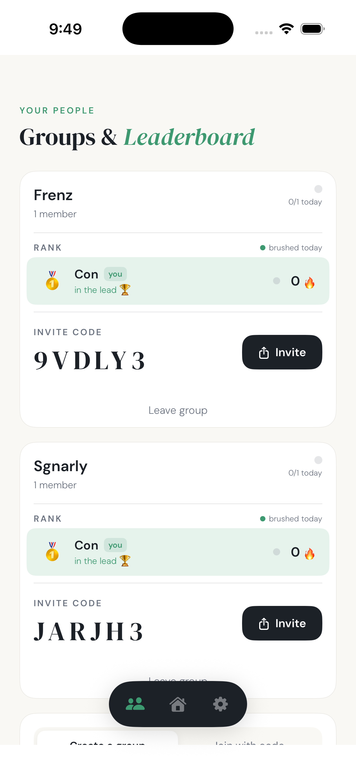 Brushed groups and leaderboard screen